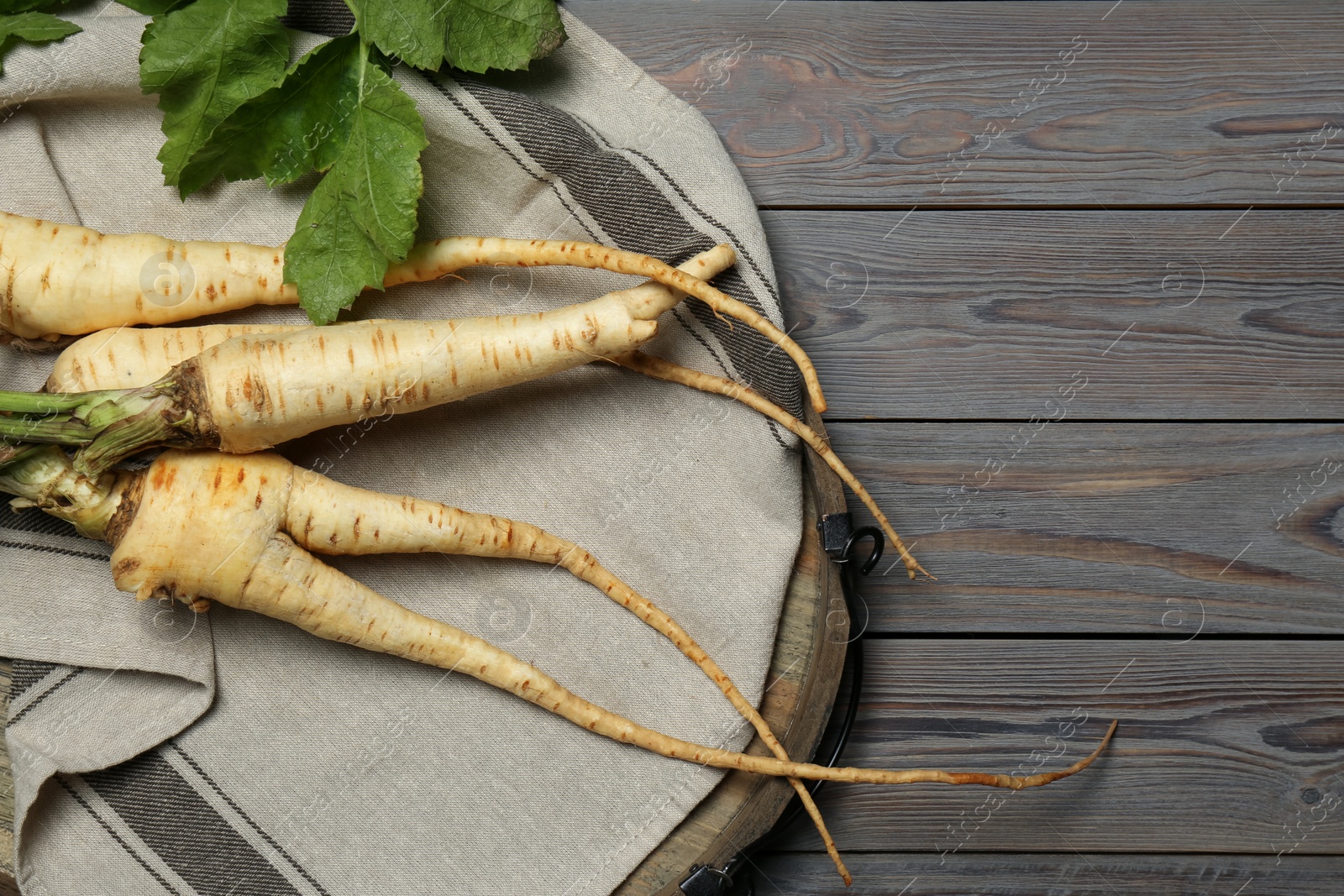 Photo of Tasty fresh ripe parsnips on grey wooden table, top view. Space for text