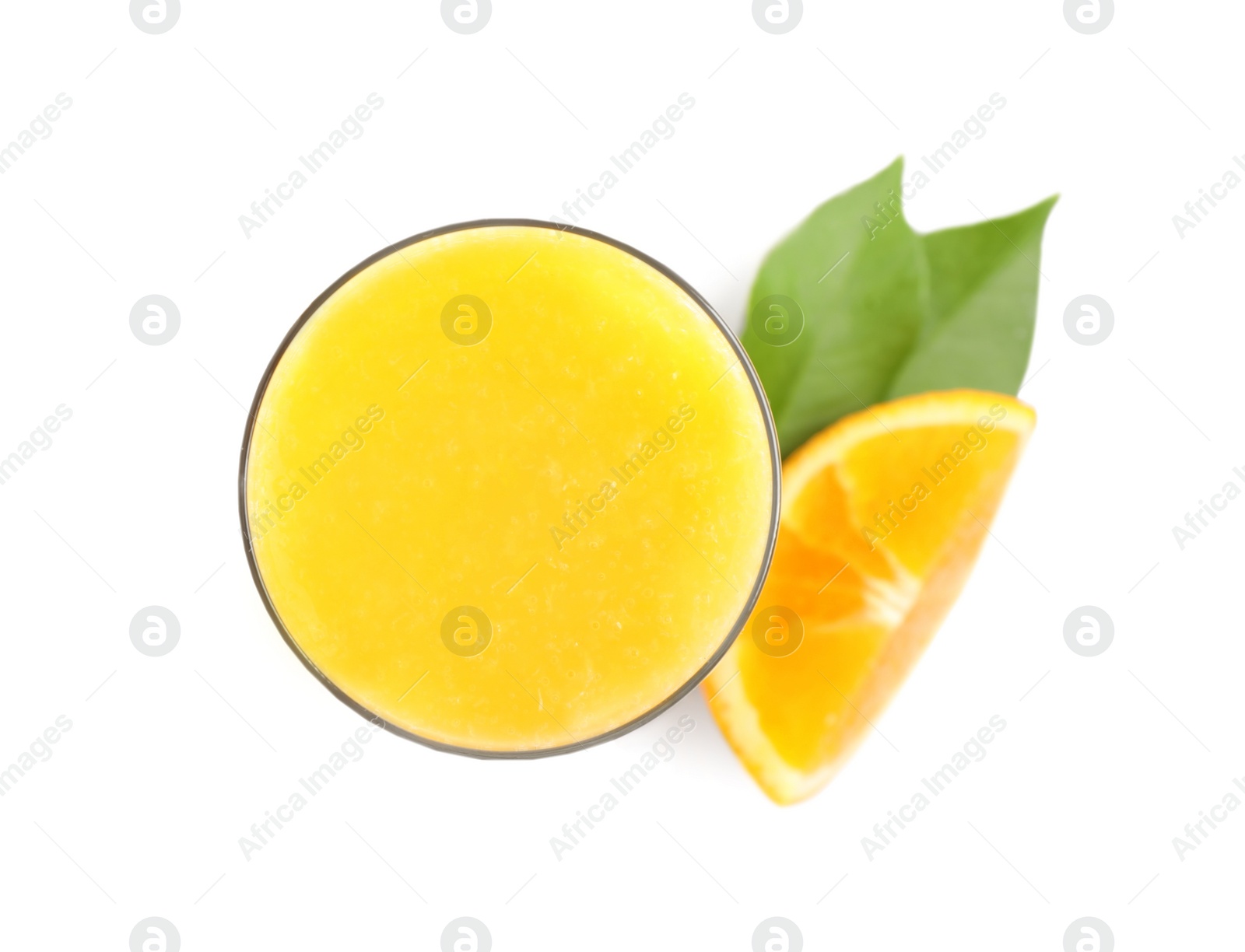 Photo of Tasty orange juice, fresh fruit and green leaves isolated on white, top view