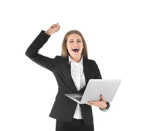 Emotional businesswoman in office wear with laptop celebrating victory on white background