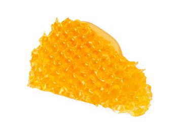 Photo of Piece of natural honeycomb with tasty honey isolated on white, top view