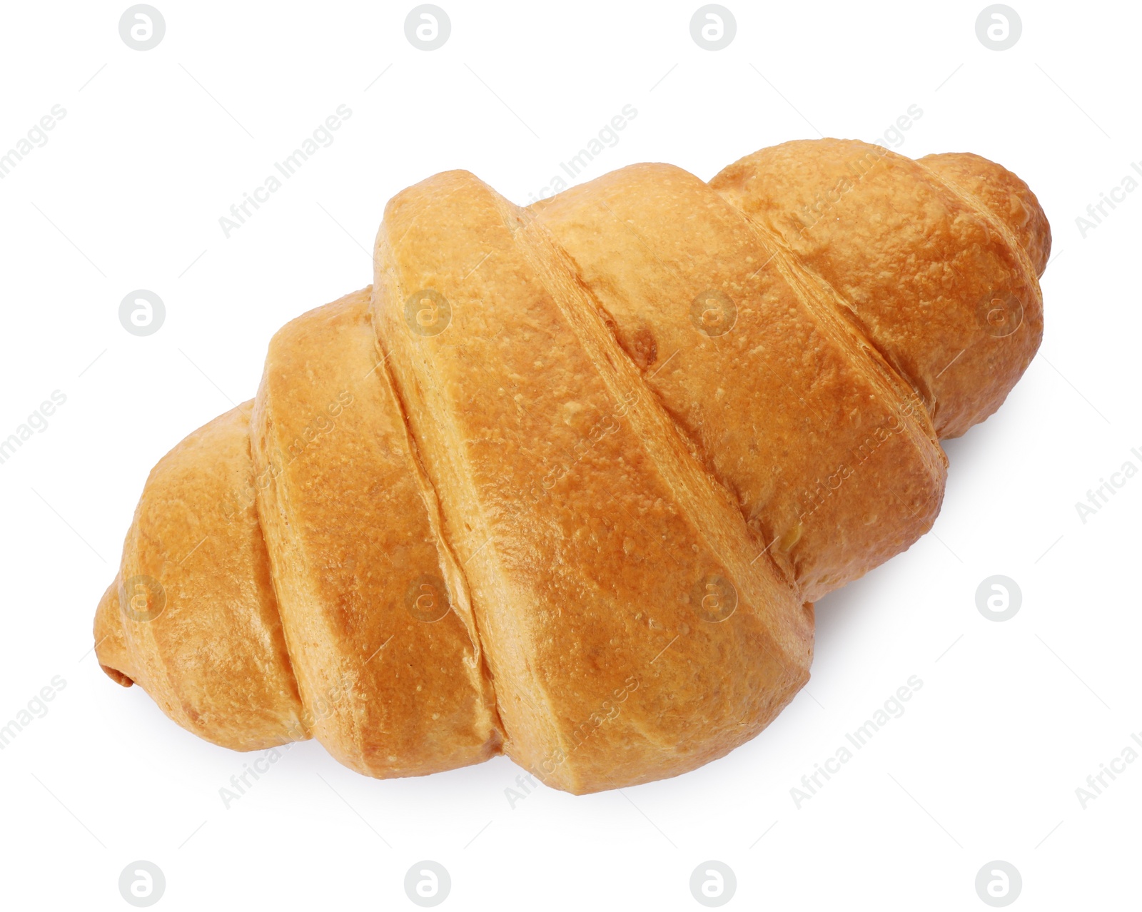 Photo of One delicious fresh croissant isolated on white, top view