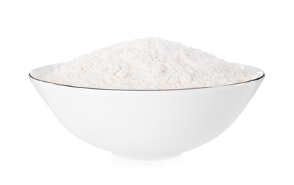 Photo of Bowl with fresh flour on white background