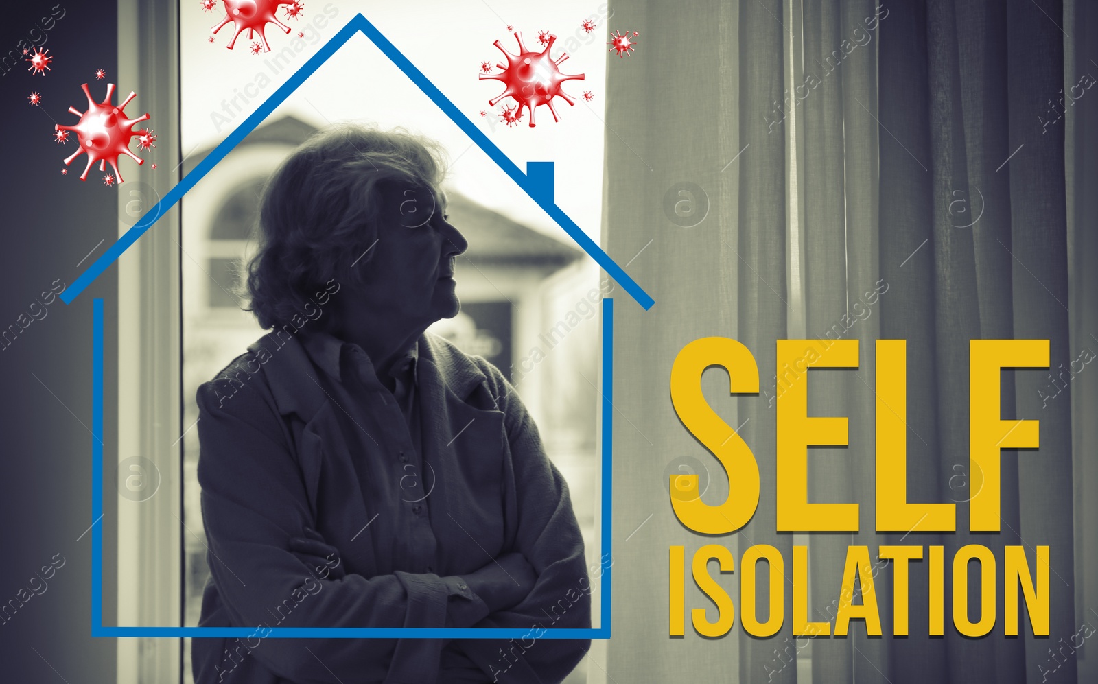 Image of Self-isolation - important measure during coronavirus outbreak. Thoughtful elderly woman near window at home