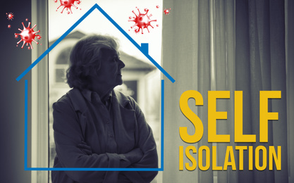 Image of Self-isolation - important measure during coronavirus outbreak. Thoughtful elderly woman near window at home
