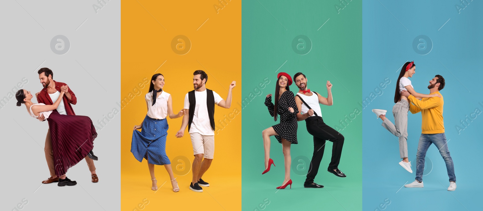 Image of Romantic date. Lovely couple dancing on color backgrounds, set of photos