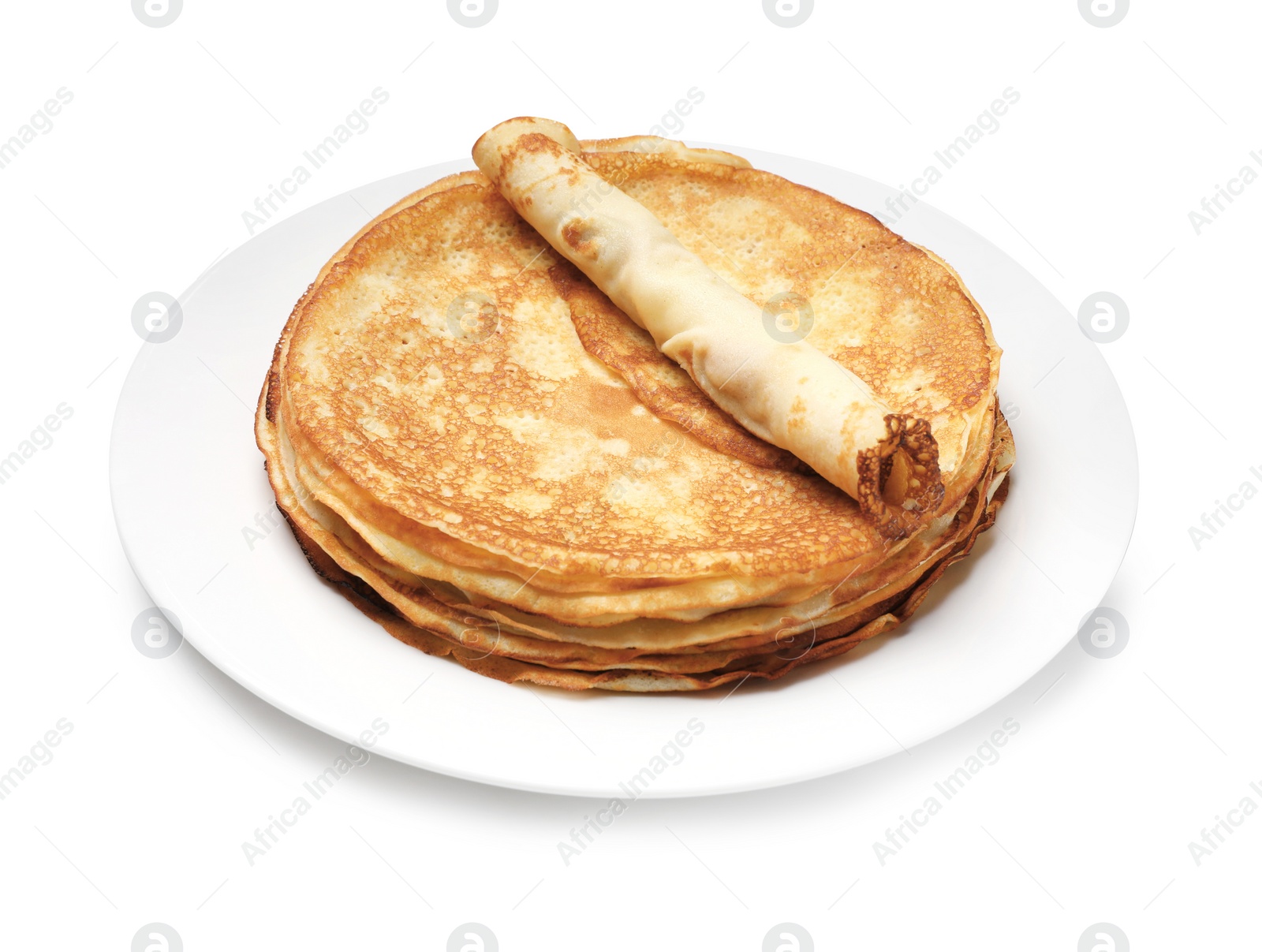 Photo of Stack of delicious crepes on plate against white background