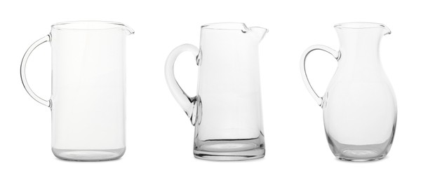 Empty glass jugs isolated on white, collection