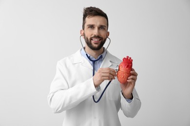 Photo of Doctor with stethoscope and model of heart on white background. Cardiology concept