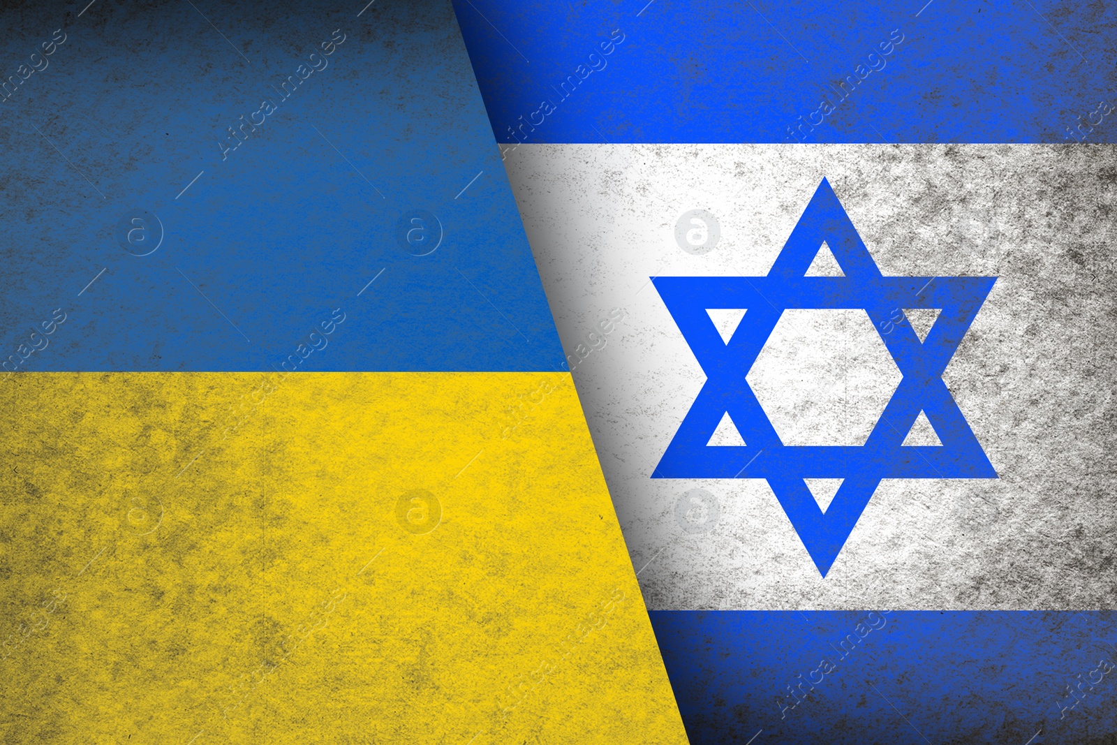 Image of International relations. National flags of Ukraine and Israel on textured surface