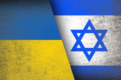 Image of International relations. National flags of Ukraine and Israel on textured surface