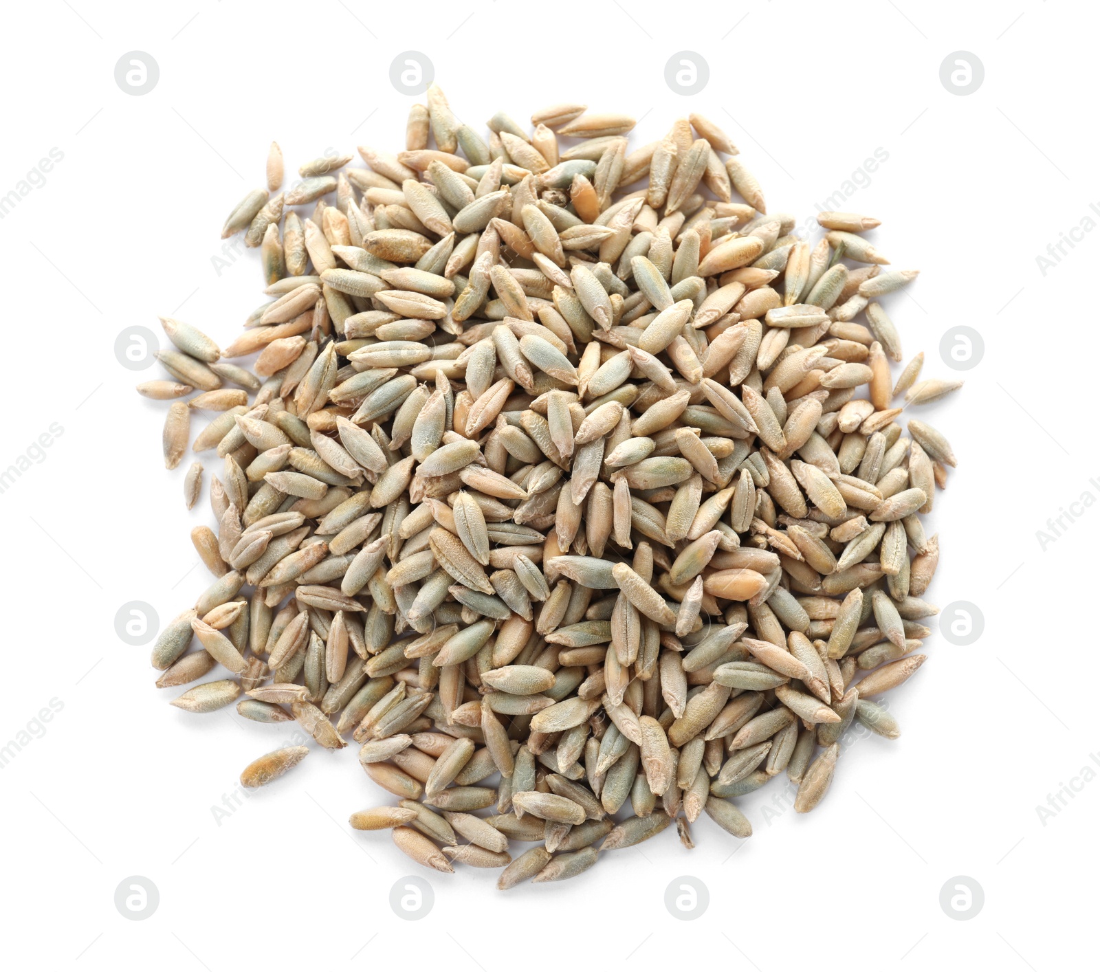 Photo of Pile of rye grains on white background, top view. Cereal crop