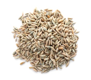 Photo of Pile of rye grains on white background, top view. Cereal crop