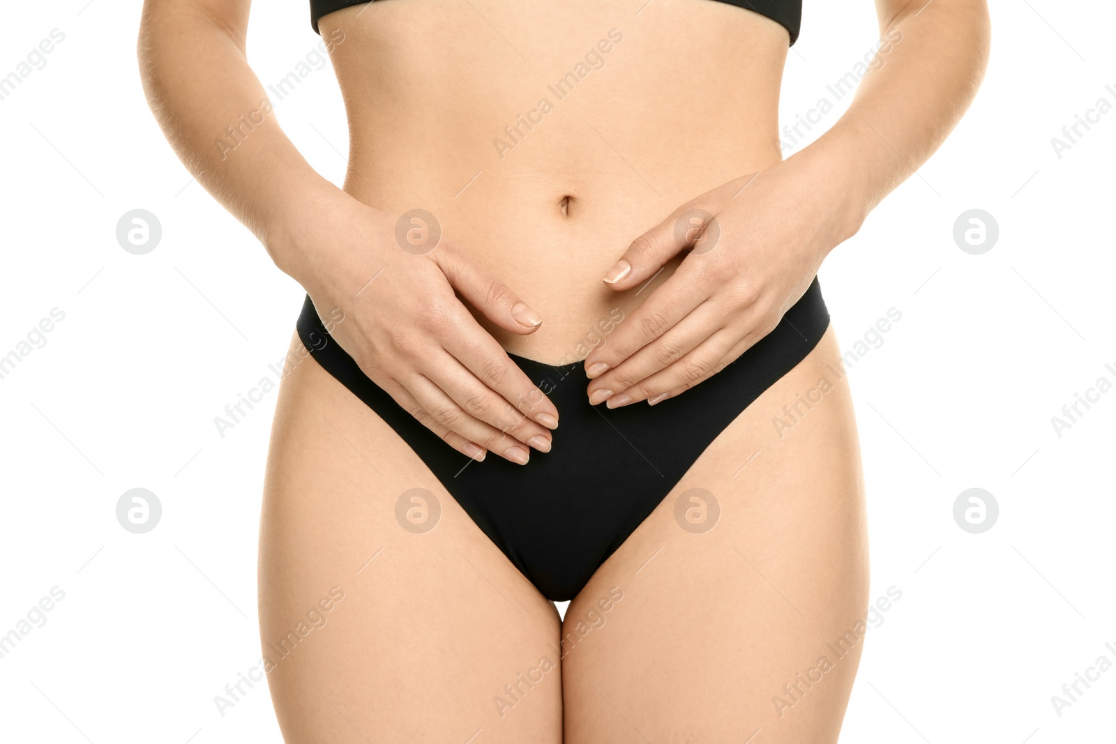 Photo of Gynecology. Woman in underwear on white background, closeup