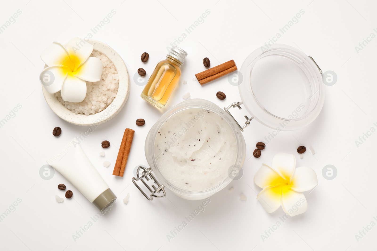 Photo of Composition with body scrub on white background, top view