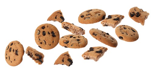 Image of Delicious chocolate chip cookies falling on white background