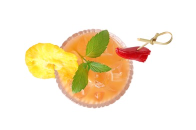 Glass of spicy pineapple cocktail with chili pepper and mint isolated on white, top view
