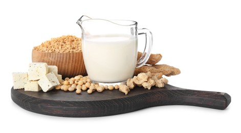 Photo of Different natural soy products on white background