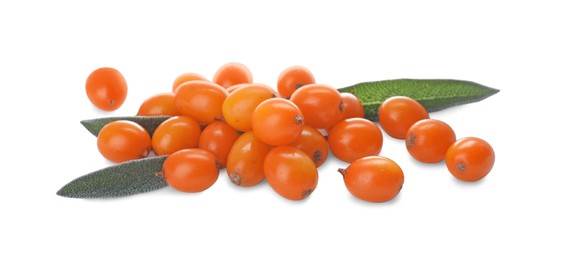 Photo of Fresh ripe sea buckthorn berries on white background