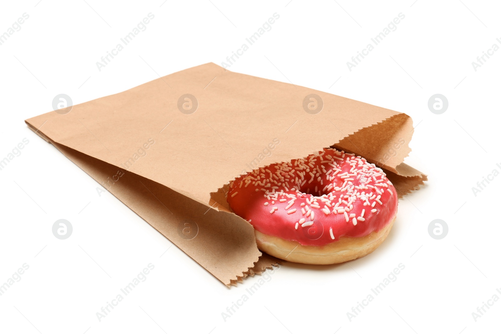 Photo of Paper bag with donut on white background. Space for design