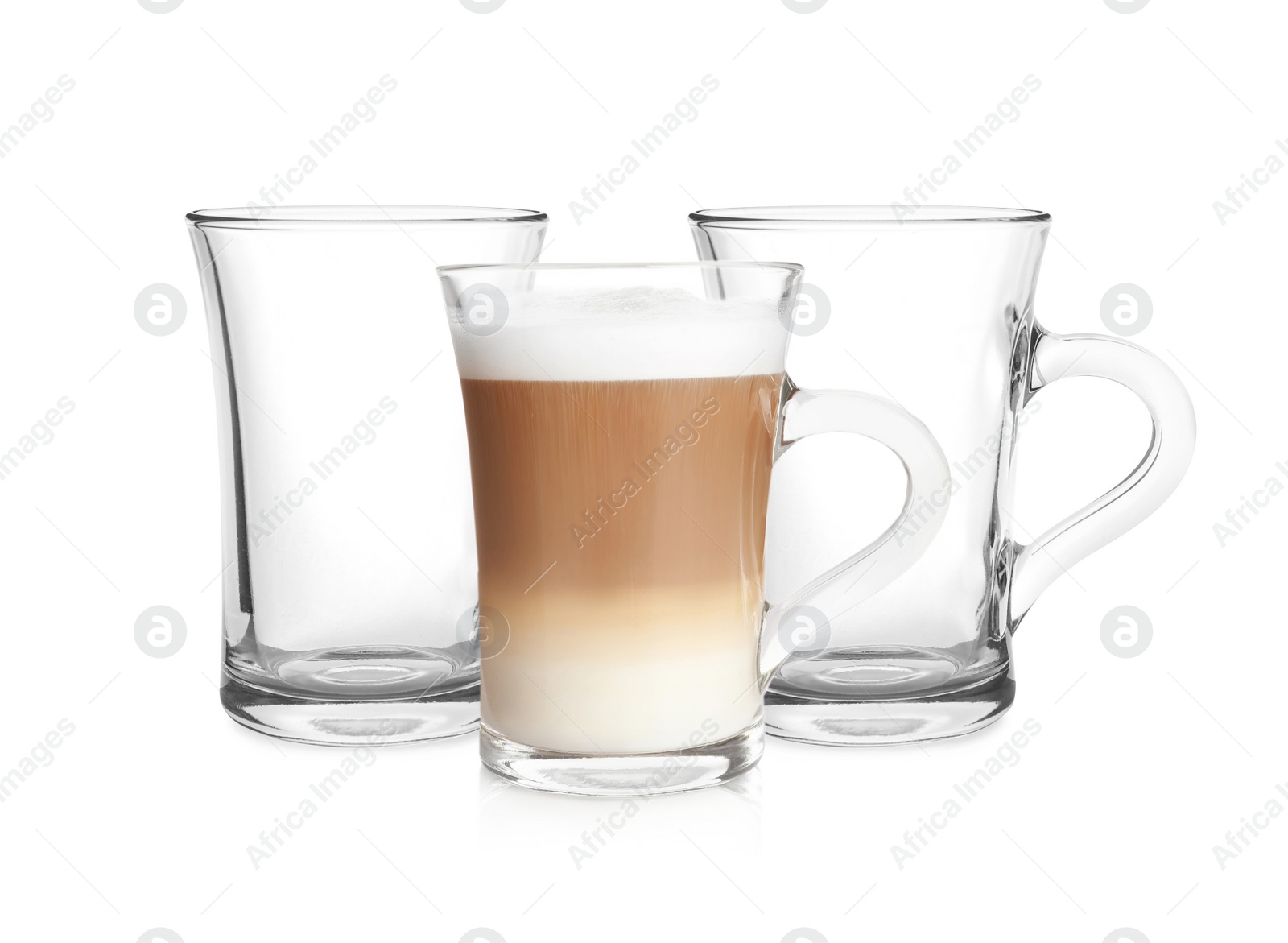 Image of Empty glass cups and one with aromatic coffee on white background