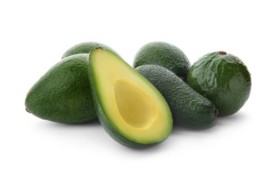 Ripe avocados on white background. Tropical fruit