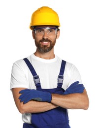 Photo of Professional builder in uniform isolated on white