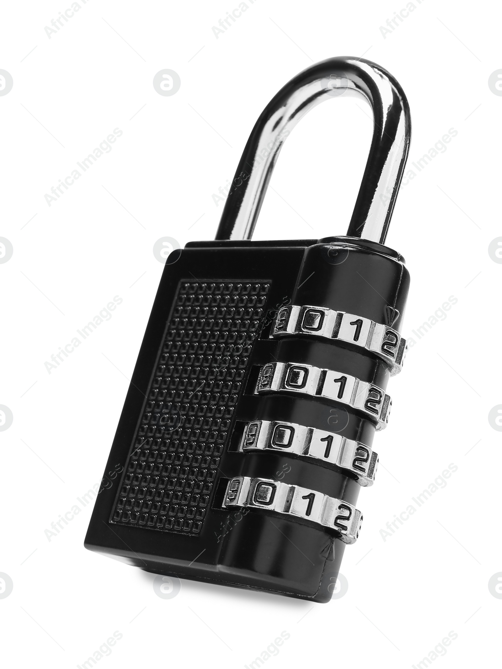 Photo of Locked steel combination padlock isolated on white