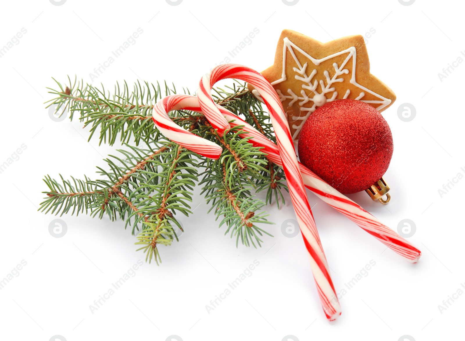 Photo of Composition with Christmas candy canes on white background