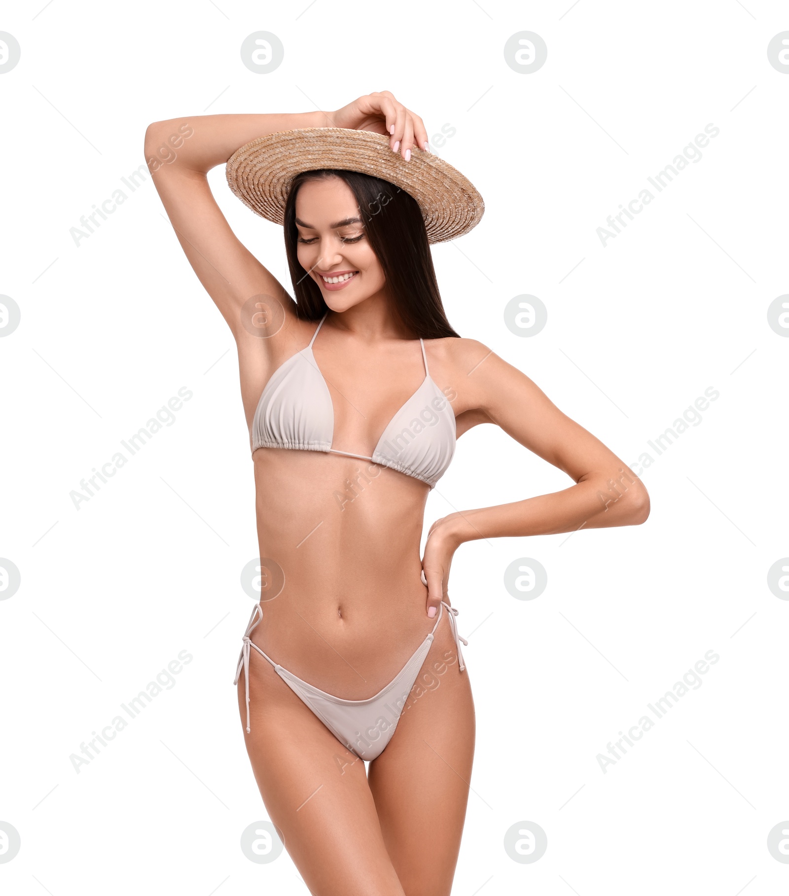 Photo of Young woman in stylish bikini isolated on white