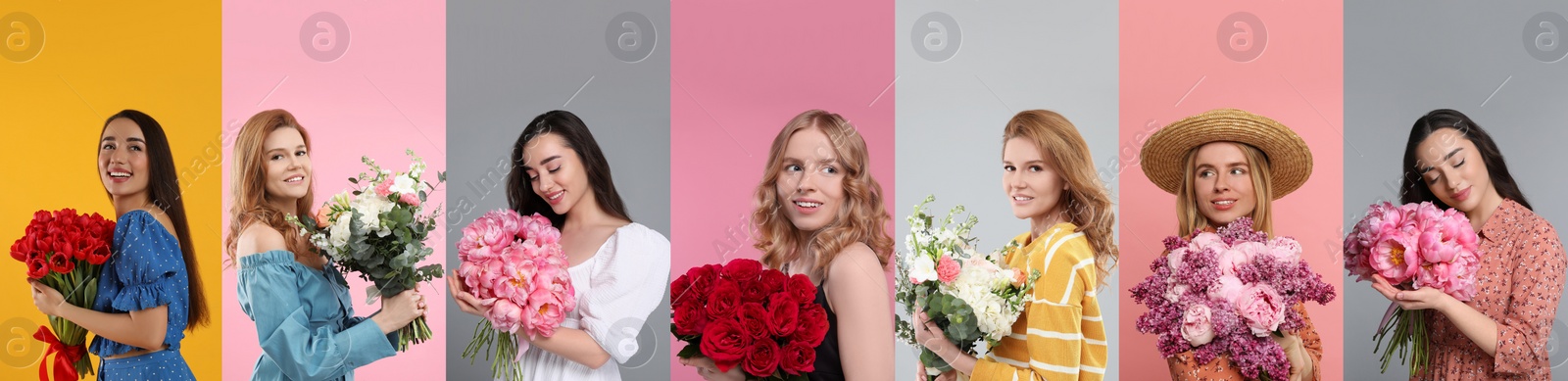 Image of 8 March - Happy Women's Day. Charming ladies with beautiful flowers on different colors backgrounds, collage