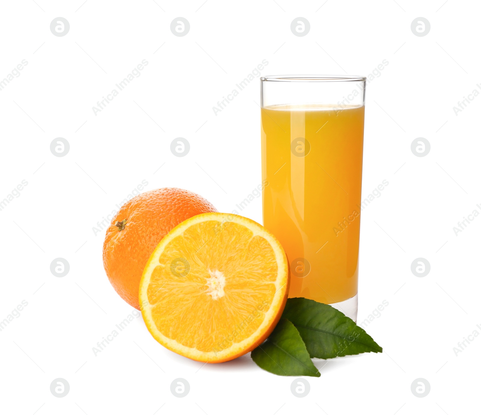 Photo of Orange juice, fresh fruits and green leaves on white background