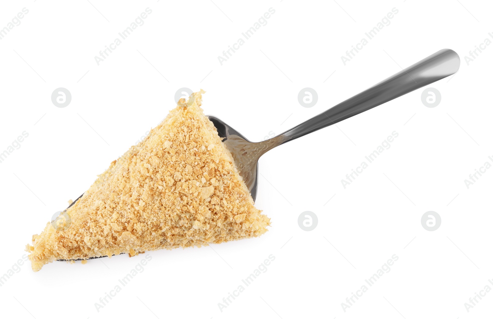 Photo of Piece of delicious Napoleon isolated on white, top view