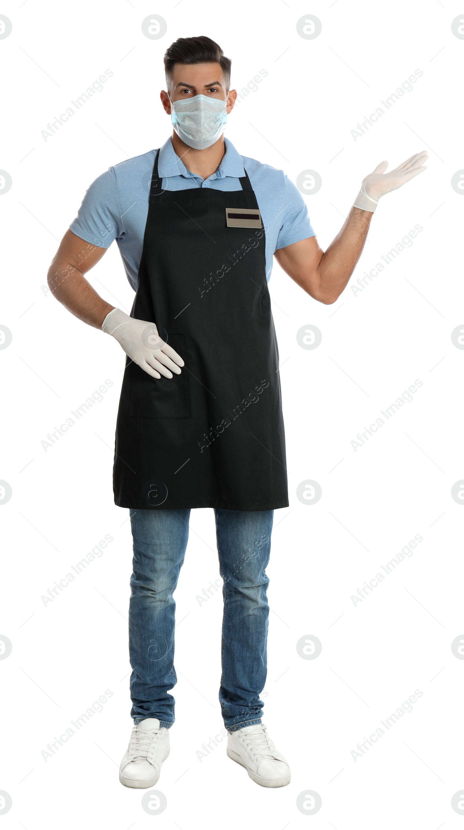 Photo of Waiter wearing medical face mask on white background