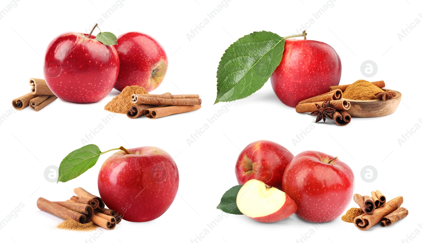 Image of Aromatic cinnamon sticks, powder and red apples isolated on white, set