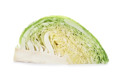 Photo of Fresh cut savoy cabbage on white background