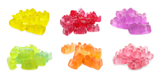 Image of Set with delicious jelly bears on white background. Banner design