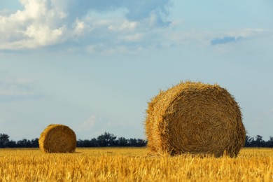 Beautiful view of agricultural field with hay bales