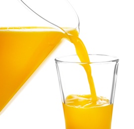 Photo of Pouring fresh orange juice into glass on white background