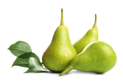 Photo of Whole ripe pears on white background