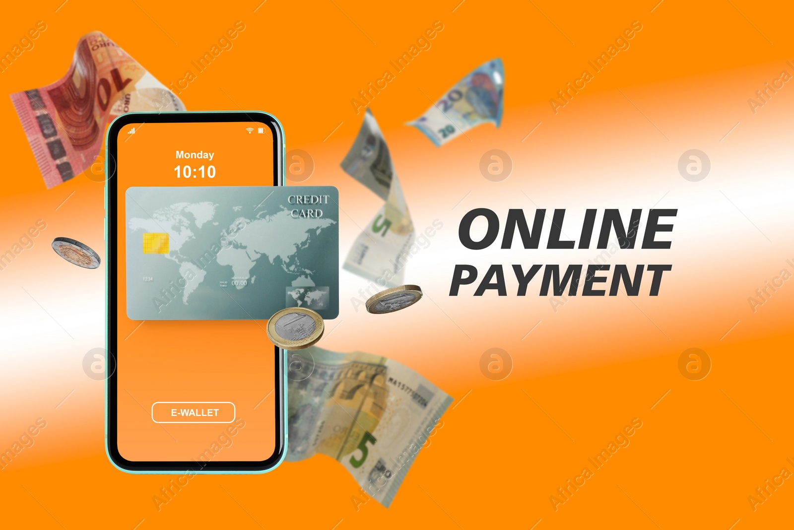 Image of Online payment. Mobile phone with open e-wallet app, euro banknotes, coins and credit card on orange gradient background