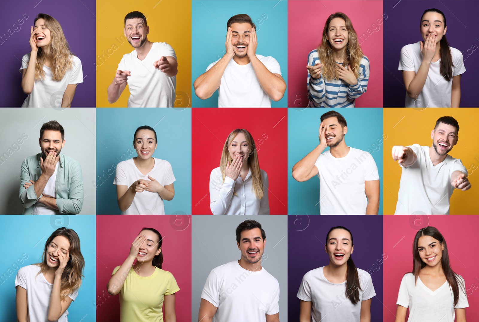 Image of Collage with photos of people laughing on different color backgrounds