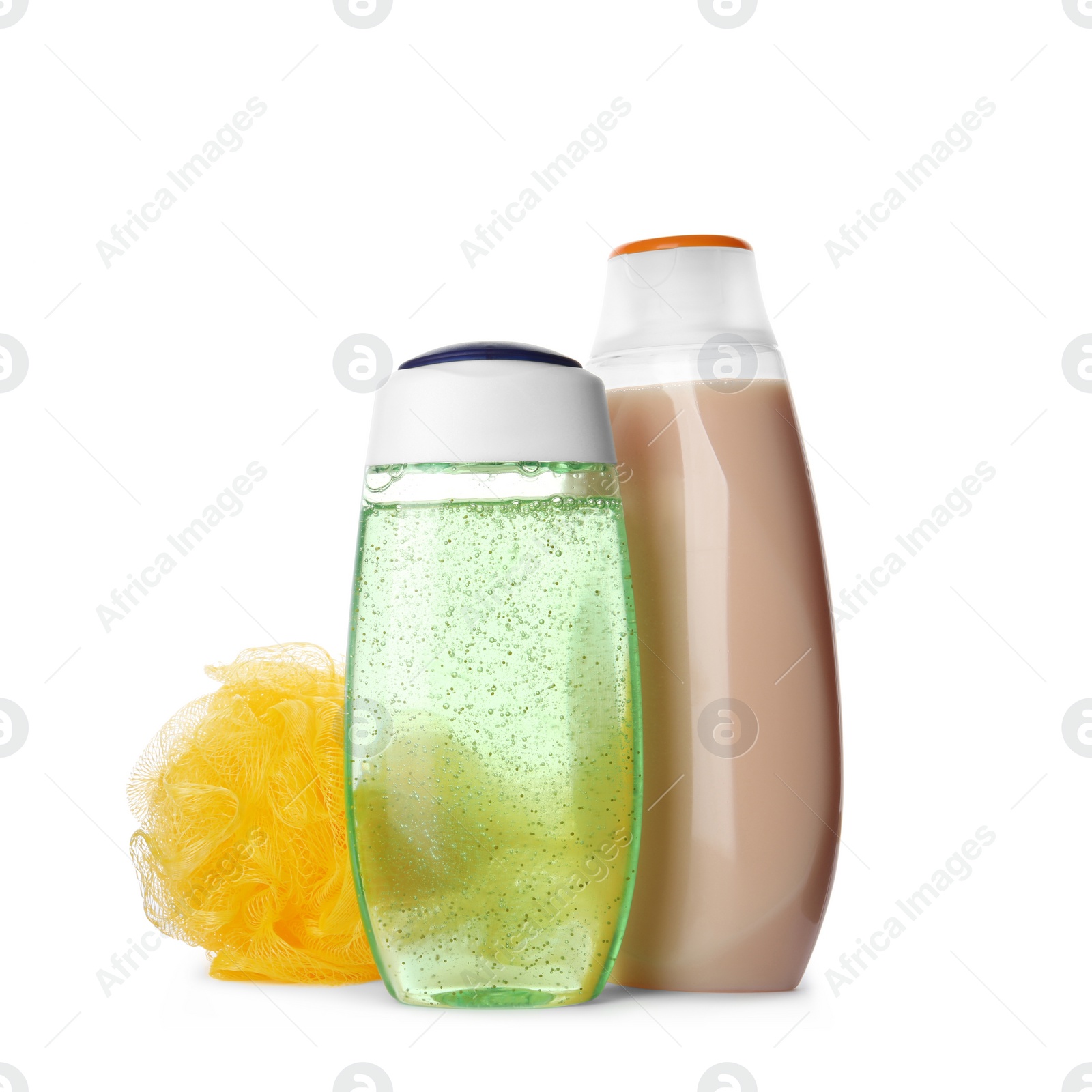 Photo of Personal hygiene products and shower puff isolated on white