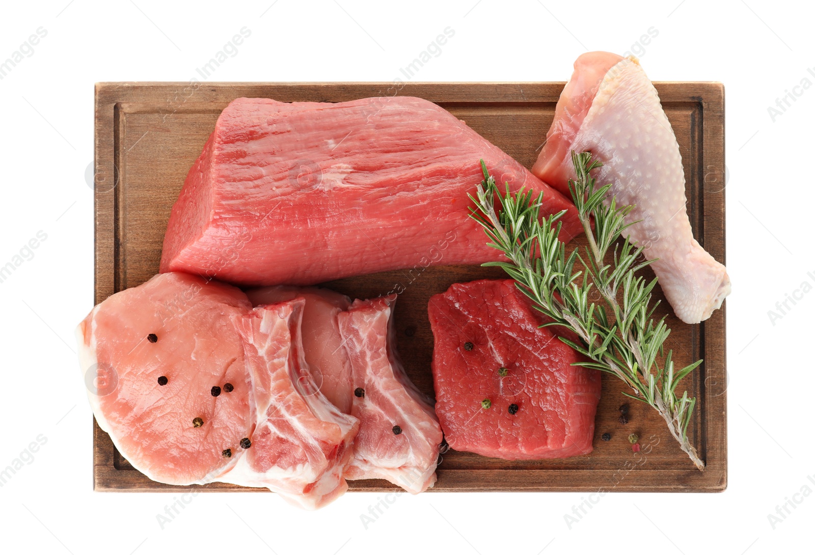 Photo of Board with various raw meats and spices on white background, top view