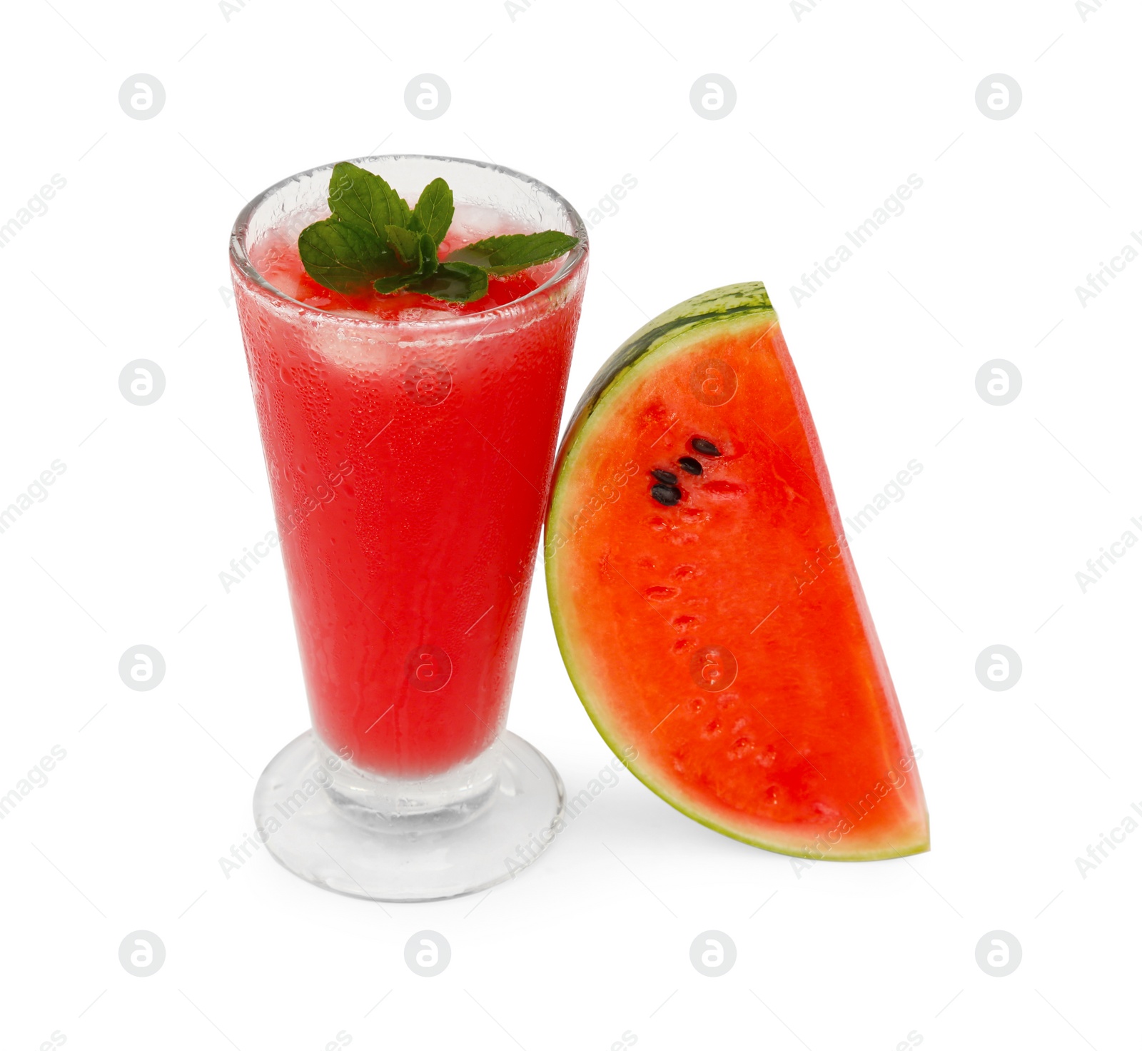 Photo of Glass of tasty watermelon drink with mint and cut fresh fruit isolated on white