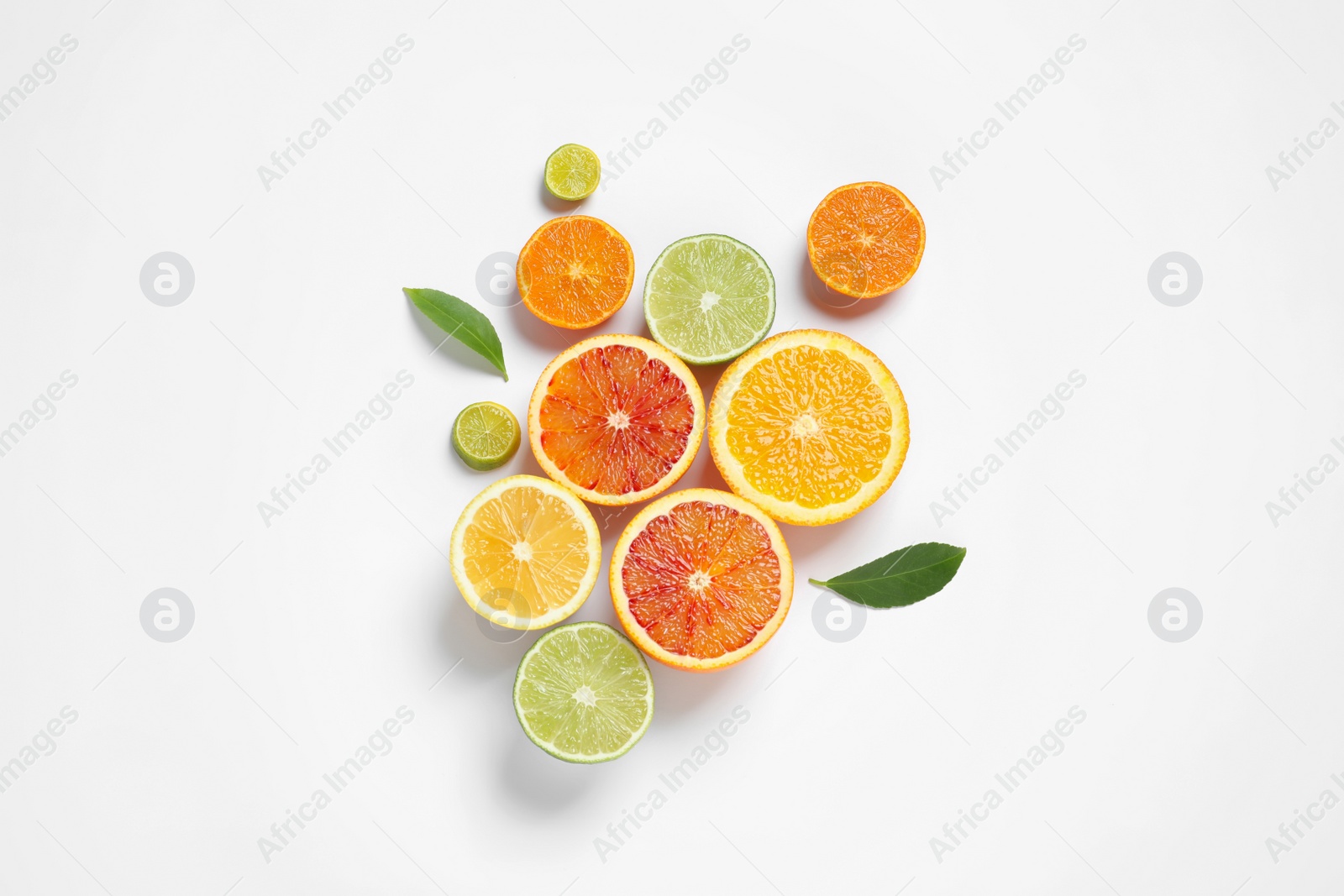 Photo of Composition with different citrus fruits on white background, top view