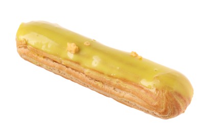 Delicious eclair covered with yellow glaze isolated on white