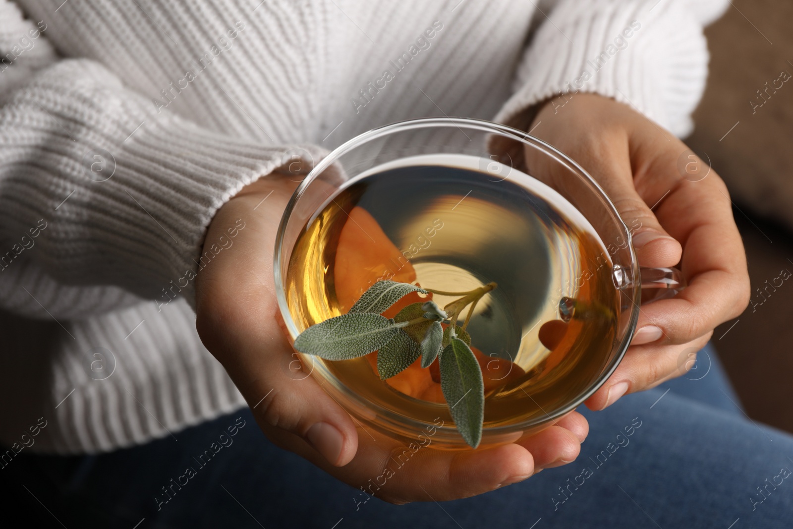 Photo of Woman drinking tasty herbal tea, closeup view