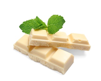 Pieces of white chocolate with mint on white background