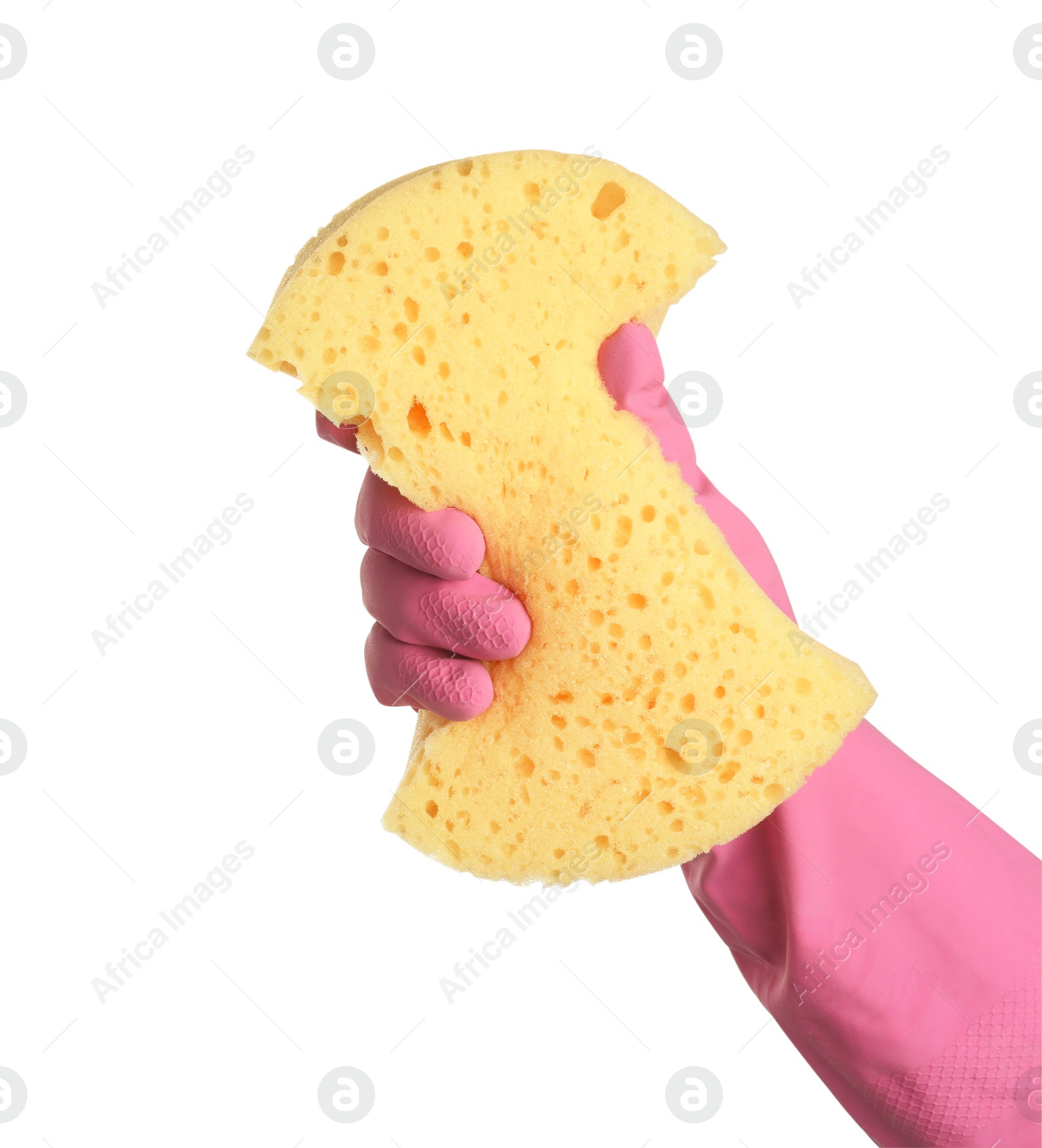 Photo of Cleaner in rubber glove holding new yellow sponge on white background, closeup