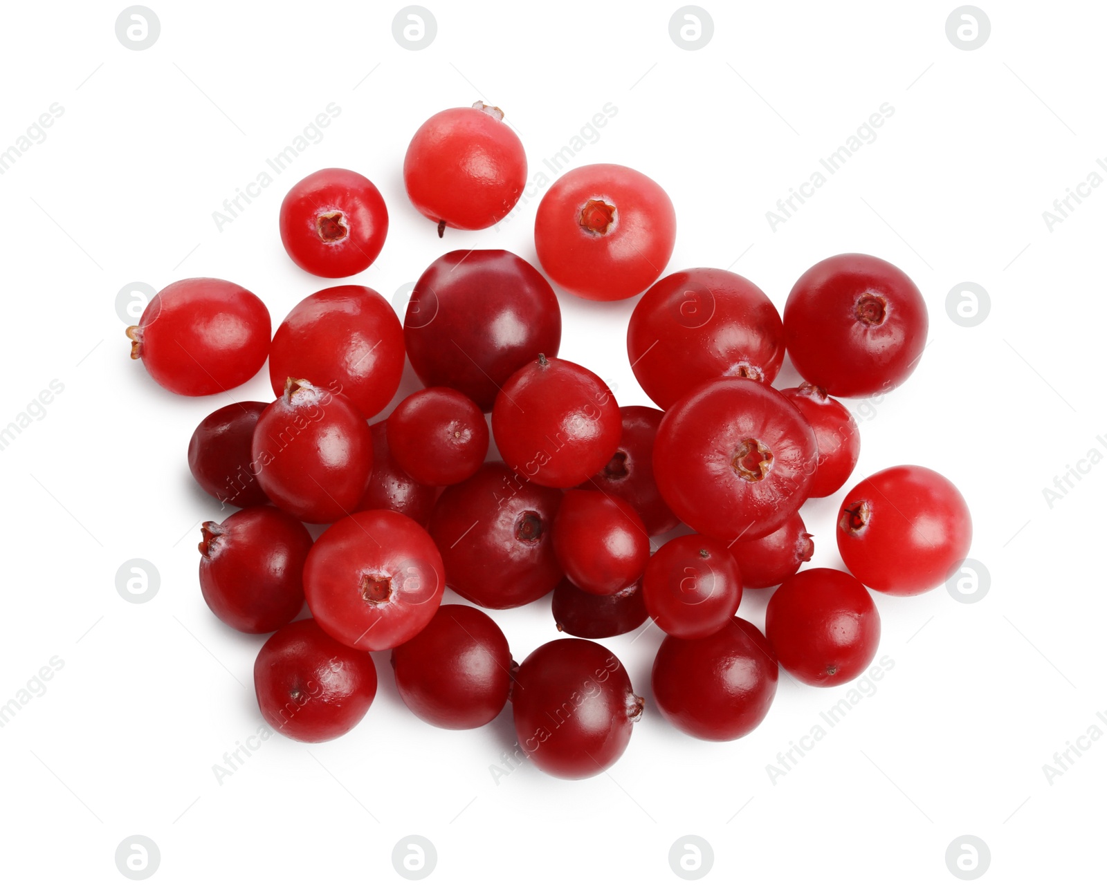 Photo of Pile of fresh ripe cranberries isolated on white, top view